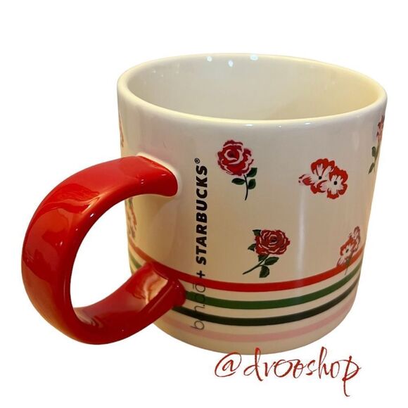 Starbucks Ban.Do Collab Mug 12oz Roses Hearts Flowers Stripes Pink Red NWOT - Picture 1 of 4